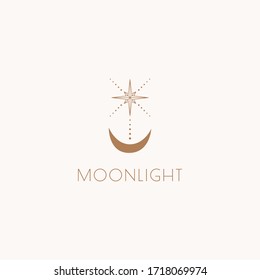 Boho Logo Design. Modern Moon And Star Symbol Logotype.