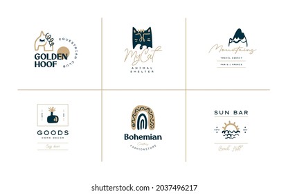 Boho logo design templates collections. Doodle Bohemian icons and symbols set. Modern tribal, ethnic logotype. Vector illustration.