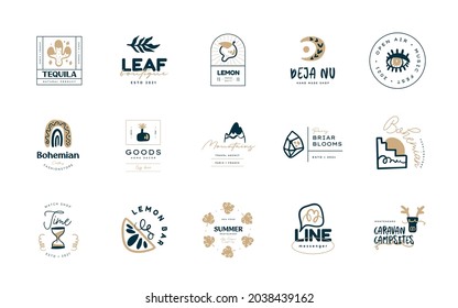 Colecciones de plantillas de diseño de logotipo de Boho. Iconos y símbolos bohemios Doodle. Logotipo moderno tribal, étnico. Ilustración vectorial.