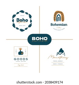 Boho logo design templates collections. Doodle Bohemian icons and symbols set. Modern tribal, ethnic logotype. Vector illustration.