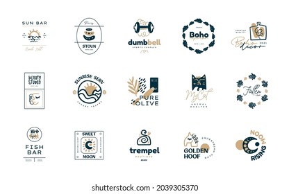 Boho logo design templates collections. Doodle Bohemian icons and symbols set. Modern tribal, ethnic logotype. Vector illustration.