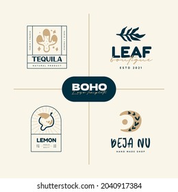Boho logo design templates collections. Doodle Bohemian icons and symbols set. Modern tribal, ethnic logotype. Vector illustration.