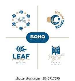 Boho logo design templates collections. Doodle Bohemian icons and symbols set. Modern tribal, ethnic logotype. Vector illustration.