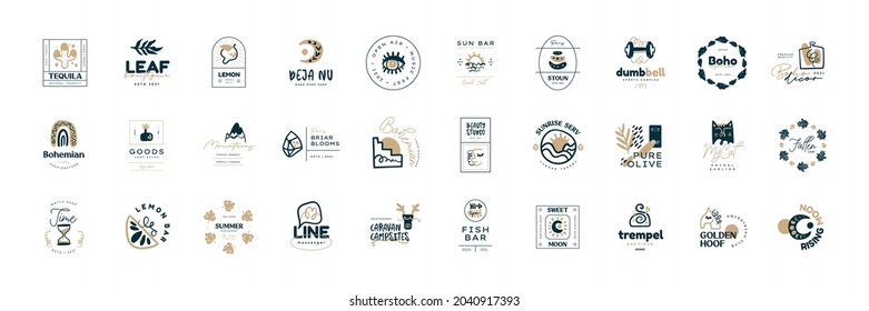 Colecciones de plantillas de diseño de logotipo de Boho. Iconos y símbolos bohemios Doodle. Logotipo moderno tribal, étnico. Ilustración vectorial.