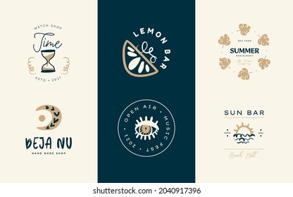 Boho logo design templates collections. Doodle Bohemian icons and symbols set. Modern tribal, ethnic logotype. Vector illustration.