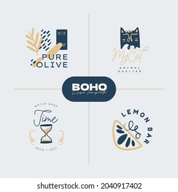Boho logo design templates collections. Doodle Bohemian icons and symbols set. Modern tribal, ethnic logotype. Vector illustration.