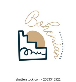 Boho logo design templates. Doodle Bohemian icons and symbols. Modern tribal, ethnic logotype. Vector illustration.
