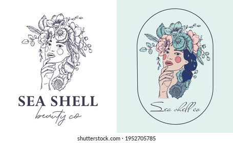 Boho logo of a girl with seashells and flowers in her hair. For beauty salons, hats brand. Fashion illustration.