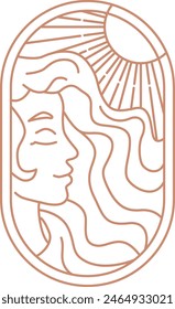 boho logo girl and sun oval shape aesthetic brown icon.