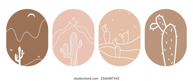 Boho logo landscape. Cactus, sandy mountains, moon. Abstract mocha color design templates. 