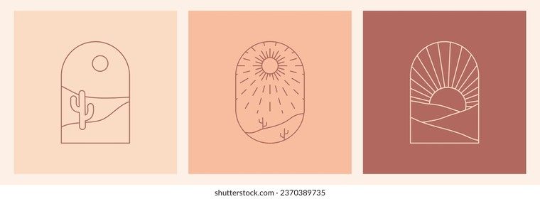 Boho logo landscape with desert. Cactus, sandy mountains, moon and sun. Abstract design templates. Vector bohemian set in trendy liner style