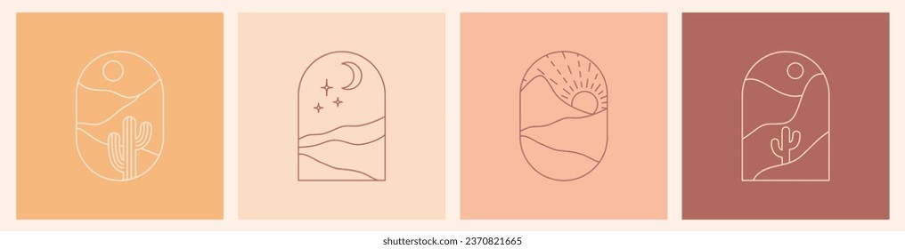 Boho logo landscape with desert. Cactus, sandy mountains, sun and moon. Abstract design templates. Vector bohemian set in trendy liner style