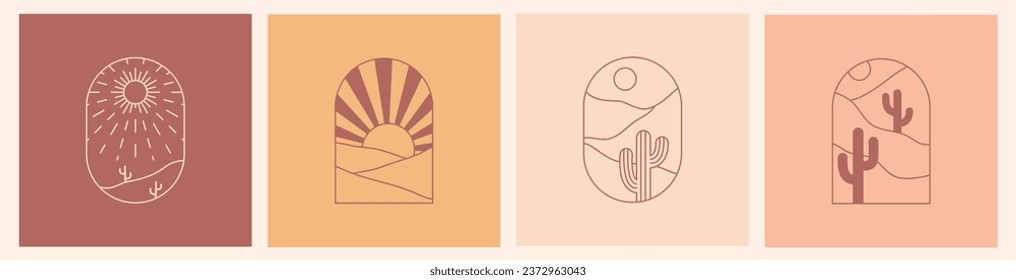 El paisaje con el logo del Boho con el desierto. Cactus, montañas arenosas, sol y luna. Plantillas de diseño abstracto. Conjunto vectorial bohemio en estilo de liner a la moda