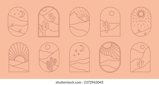 Boho logo landscape with desert. Cactus, sandy mountains, sun and moon. Abstract design templates. Vector bohemian big set in trendy liner style