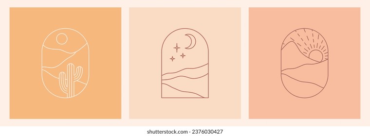 Boho logo landscape with desert. Cactus, sandy mountains, moon and sun. Abstract design templates. Vector bohemian set in trendy liner style