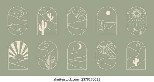 El paisaje con el logo del Boho con el desierto. Cactus, montañas arenosas, sol y luna. Plantillas de diseño abstracto. Gran conjunto vectorial bohemio en estilo de liner a la moda