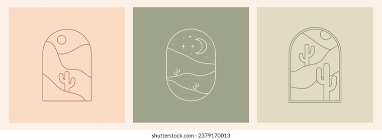 El paisaje con el logo del Boho con el desierto. Cactus, montañas arenosas, luna y sol. Plantillas de diseño abstracto. Conjunto vectorial bohemio en estilo de liner a la moda