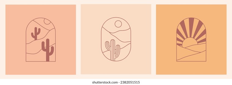 El paisaje con el logo del Boho con el desierto. Cactus, montañas arenosas, luna y sol. Plantillas de diseño abstracto. Conjunto vectorial bohemio en estilo de liner a la moda