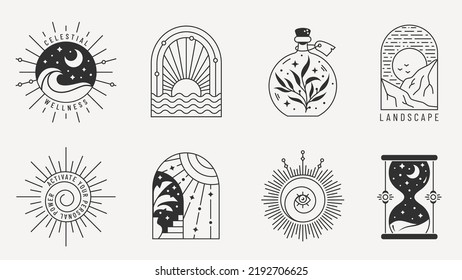 Boho logo set. Trendy design elements for magic, esoteric, psychology, alternative therapy, spiritual, celestial, travel, and others themes. Black emblems isolated on white background.