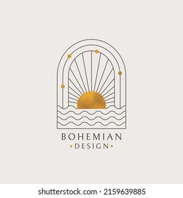 Boho logo. Vector isolated bohemian design with sun and ocean waves. Trendy line emblem with gold texture.