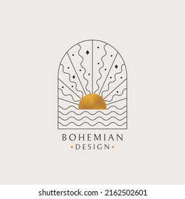 Boho logo. Vector isolated bohemian design with sun and ocean waves. Trendy line emblem with gold texture.