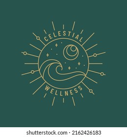 Boho logo. Vector isolated design with sun, moon, stars and ocean wave. Trendy line emblem for boho hotel, meditation studio, alternative healing practices, spiritual, celestial, or others themes.