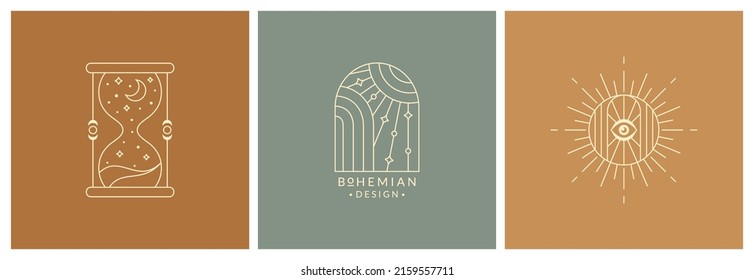 Logotipos de Boho. Símbolos de línea para temas de magia, esotérico, psicología, terapia alternativa, espiritual, celeste y otros. El vector aisló los emblemas bohemios. Elementos de diseño de moda con vidrio solar y cristal de arena