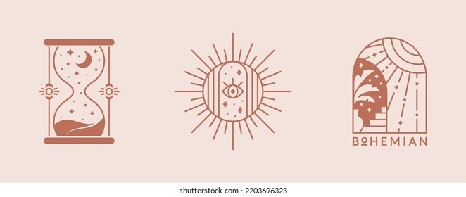 Boho logos. Trendy design elements for magic, esoteric, psychology, alternative therapy, spiritual, celestial, and others themes. Vector isolated bohemian emblems with sun, moon and hourglass.