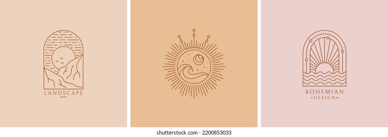 Boho logos. Trendy designs for ravel agencies, outdoor resort, esoteric, celestial, spiritual, and others themes. Vector isolated line emblems with sun, ocean waves and mountain.