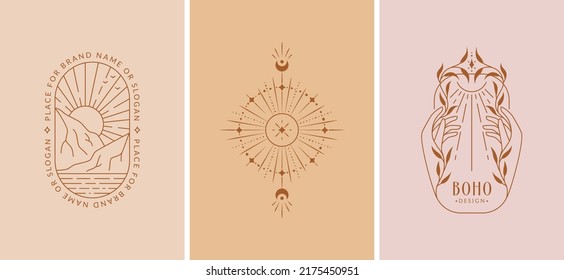 Boho logos. Trendy emblems for astrologer, magician, naturopath, herbalist, tarot reader, spiritual medium, healer, beauty, esoteric, travel, retreat, alternative medicine. Vector isolated designs.