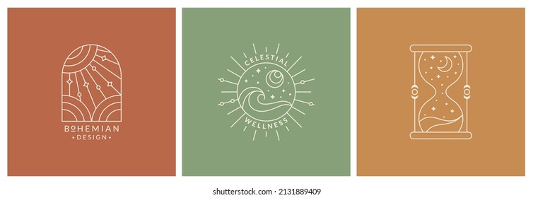 Boho logos. Trendy line symbols for magic, esoteric, celestial, astrology, alchemy, spiritual healing, and others themes. Vector isolated bohemian emblems. Outline design elements with sun and moon.