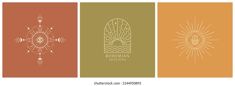 Boho logos. Trendy line symbols for magic, esoteric, celestial, astrology, alchemy, spiritual healing, and others concepts. Vector isolated bohemian emblems. Outline design elements with sun shapes.