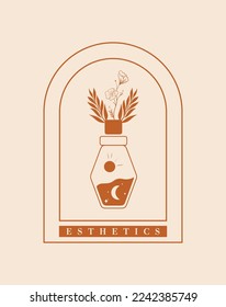 Boho logos. Trendy line symbols for magic, esoteric, celestial, astrology, alchemy, spiritual healing, and others themes. Vector isolated bohemian emblems. Outline design elements with sun and moon.