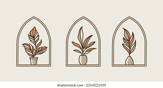 Boho Logos with vase and tropical Leaves in Modern Minimalist Line Style. Vector Bohemian Labels for Creating Postcard, Posters, Invitation, Social Media Posts and Stories