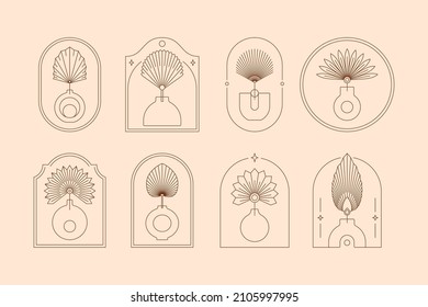 Boho Logos with Vases and Palm Dried Leaves in Modern Minimal Liner Style. Vector Bohemian Frames for Creating Postcard, Posters, Invitation, Social Media Posts and Stories