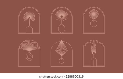 Logotipos de Boho con jarrones y hojas secas de palma en un estilo minimalista moderno. Etiquetas vectoriales bohemias para crear postales, afiches, invitaciones, publicaciones en medios sociales e historias