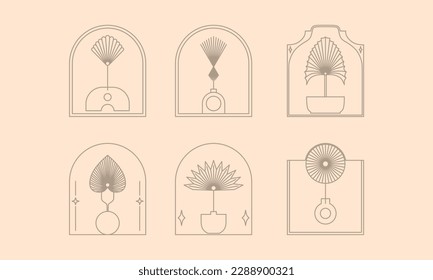 Boho Logos with Vases and Palm Dried Leaves in Modern Minimalist Liner Style. Vector Bohemian Labels for Creating Postcard, Posters, Invitation, Social Media Posts and Stories