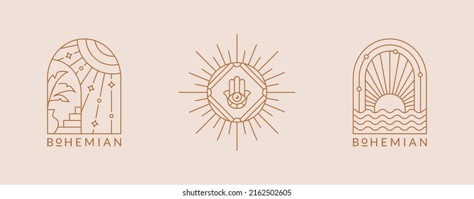 Boho-Logos. Vektorspezifische Embleme mit Sonne. Elegantes Liniendesign für esoterische, spirituelle Therapien, Reisebüros, Outdoor Resort, Spa Hotels, Glamping, etc. Trendböhmische Ästhetik.