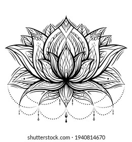 Boho lotus with patterns and beads. Delicate water flower with tribal ornament. Natural sacred symbol for spa and yoga. Vector contour lily for logo, coloring page, banner and your creativity