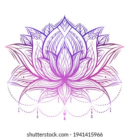 Boho lotus with patterns and beads. Delicate neon water flower with tribal ornament and color gradient. Natural sacred symbol for spa and yoga. Vector contour lily for logo, banner and your creativity
