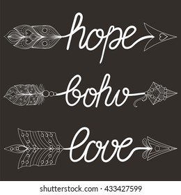 Boho, Love, Hope Arrows  with feathers. Decorative elements for adult coloring pages, art therapy, ethnic patterned t-shirt print, Bohemian chic tribal style. Doodle Illustration, tattoo design.