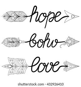 Boho, Love, Hope Arrows. Hand drawn Signs with feathers  for adult coloring pages, ethnic patterned t-shirt print. Bohemian chic tribal style. Magic amulets, tattoo design.