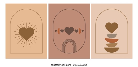 Boho love logo set. Bohemian Valentines Day . Hearts and love abstract boho elements. Valentines day retro icons. Vector design temlates and greeting cards for Valentines Day.