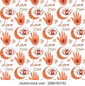 Patrón de amor de Boho. Ornamento místico del tarot popular. La textura interminable del doodle cardíaco. Día de San Valentín, romance. Ilustración del vector