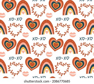 Boho love pattern. Folk mystical tarot ornament. Heart rainbow doodle endless texture. Valentines day, romance. Vector illustration