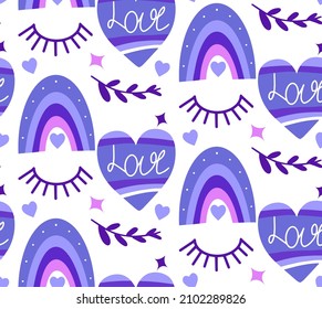 Boho love pattern. Folk mystical tarot ornament. Heart rainbow doodle endless texture. Valentines day, romance. Vector illustration.