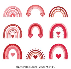 Boho love rainbow set. Vector pink and red arches with heart patterns for Valentine's Day nursery decoration