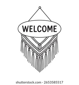 Boho Macrame Welcome Sign Oval Wall Hanging Vector Line Art for Home and Craft Decor Projects