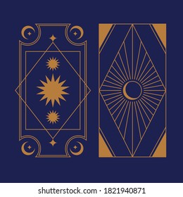 Boho magic collection. Celestial art. Set of golden space design elements stars,  crescent, half moon. Vector doodle isolated illustration on blue background