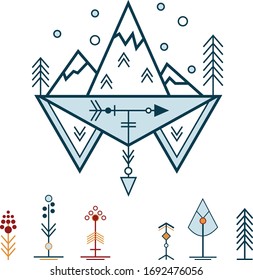 The Boho Magic Collection. Geometry in conjunction with symbols, signs, arrows,mountains. illustration.